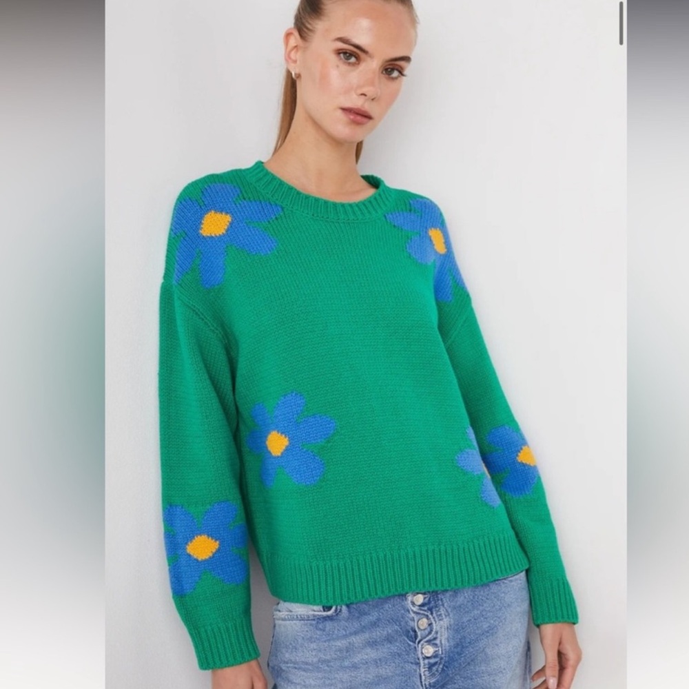 Rails Green Sweater with Blue Floral Accents